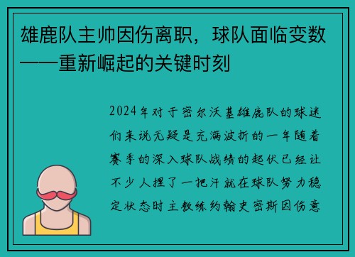 雄鹿队主帅因伤离职，球队面临变数——重新崛起的关键时刻