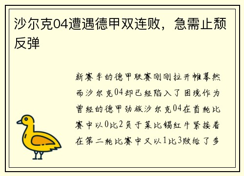沙尔克04遭遇德甲双连败，急需止颓反弹